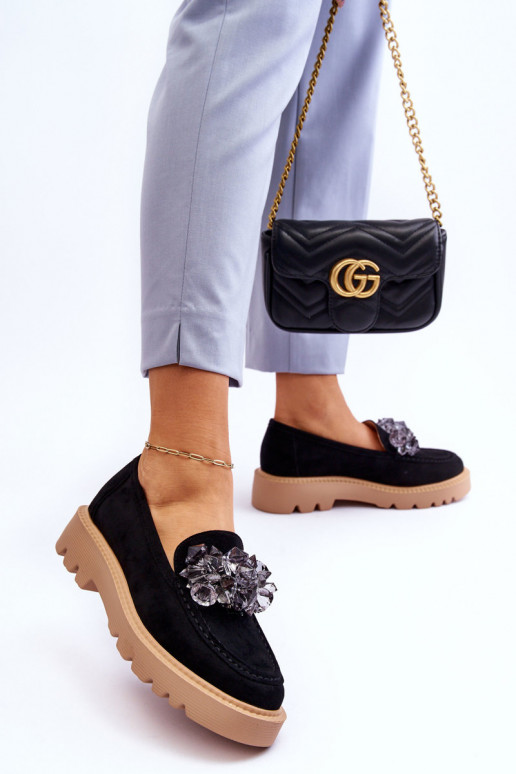 Moekad Seemisnahast mokassiinid kristallidega mustad Demeris