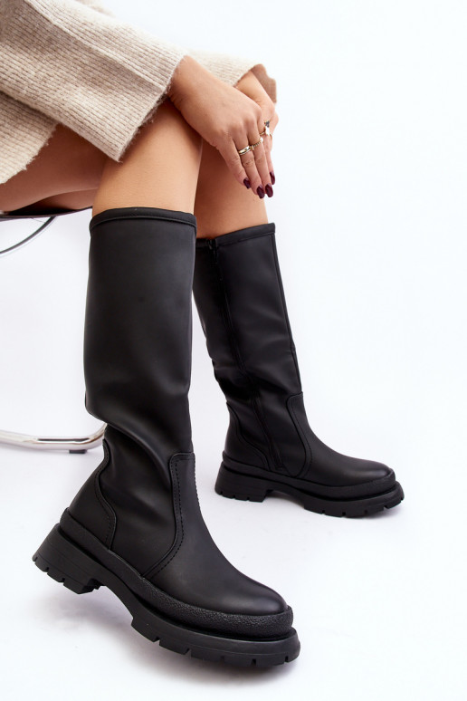 Naiste pika säärega saapad laiade nööridega mustad Desiren