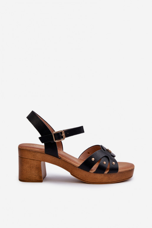 Naistesandaalid kõrge jämeda kontsaga eko-nahast Must Assames