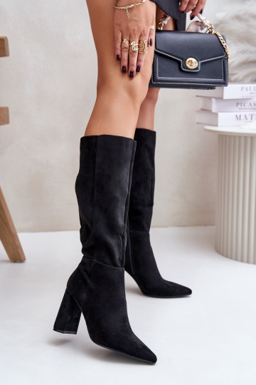 pika säärega saapad kõrge jämeda kontsaga  Must Lannetea