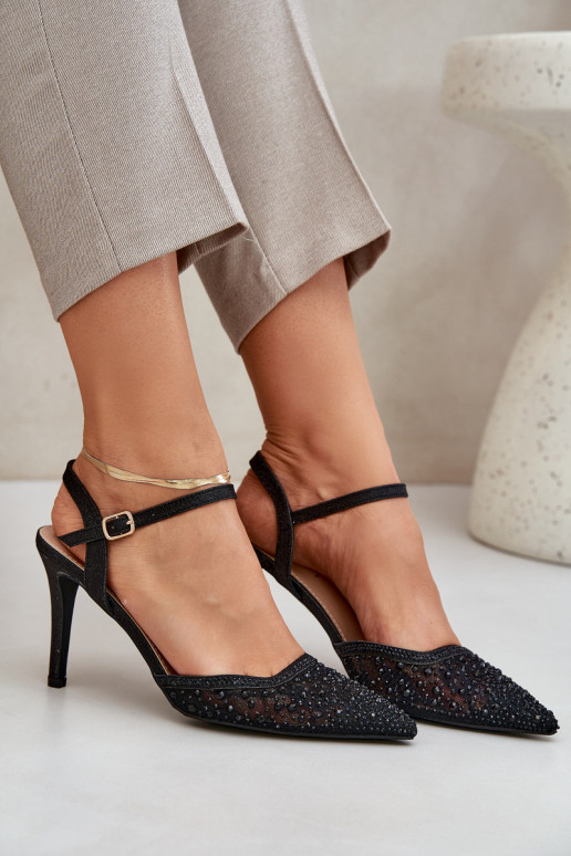 Kaunistustega kõrge kontsaga Terava ninaga jalatsid Must Nanadra