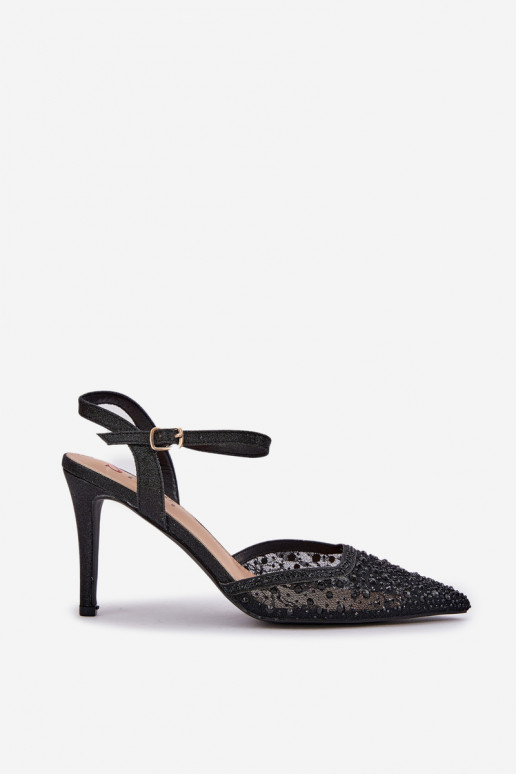 Kaunistustega kõrge kontsaga Terava ninaga jalatsid Must Nanadra