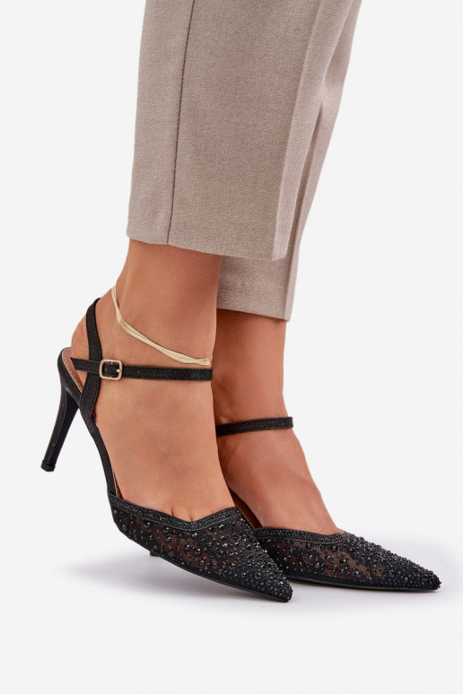 Kaunistustega kõrge kontsaga Terava ninaga jalatsid Must Nanadra