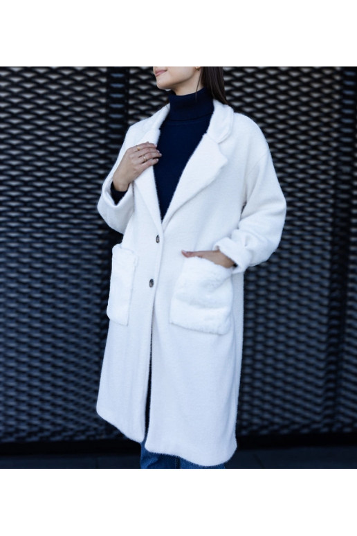 Pikk valge mantel plush taskutega Badra