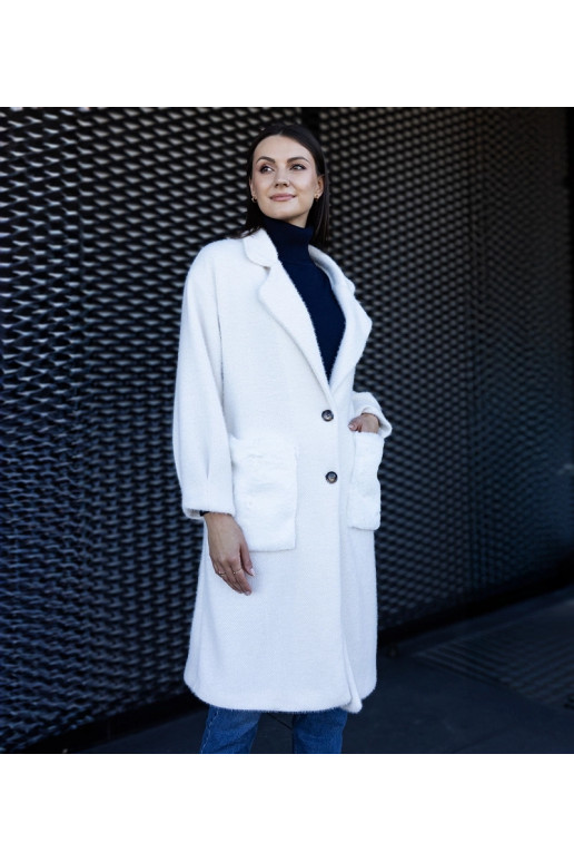 Pikk valge mantel plush taskutega Badra