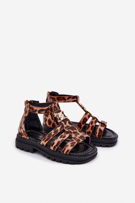Laste gladiatoritüüpi sandaalid kuldsete detailidega leopardimustriga