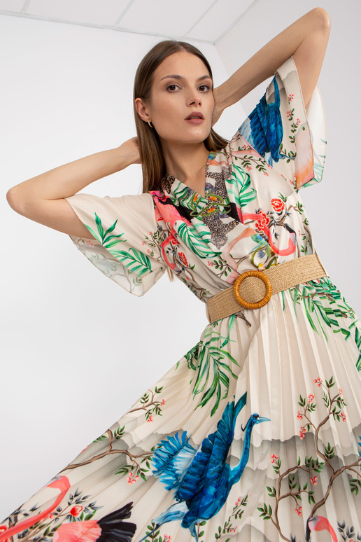 Beež midi-kleit trükiste ja kaelusega