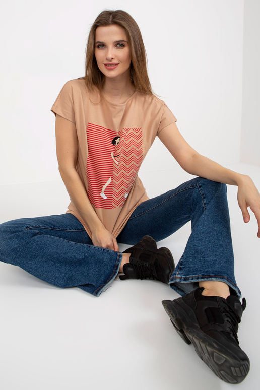 Kaamel naiste puuvillase trükiga T-särk