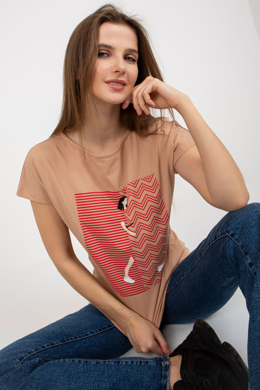 Kaamel naiste puuvillase trükiga T-särk