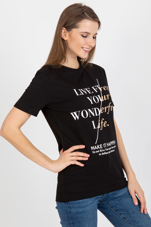 Must puuvillane naiste T-särk kirjadega