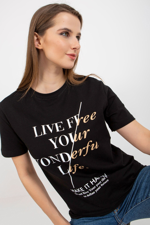 Must puuvillane naiste T-särk kirjadega