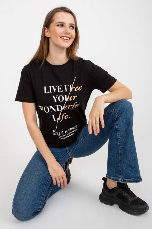 Must puuvillane naiste T-särk kirjadega