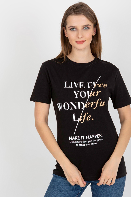 Must puuvillane naiste T-särk kirjadega