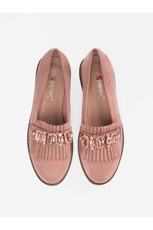 Tumeroosad värvi  mokassiinid kaunistatud kristallidega Tumeroosad värvi  mokassiinid kaunistatud kristallidega