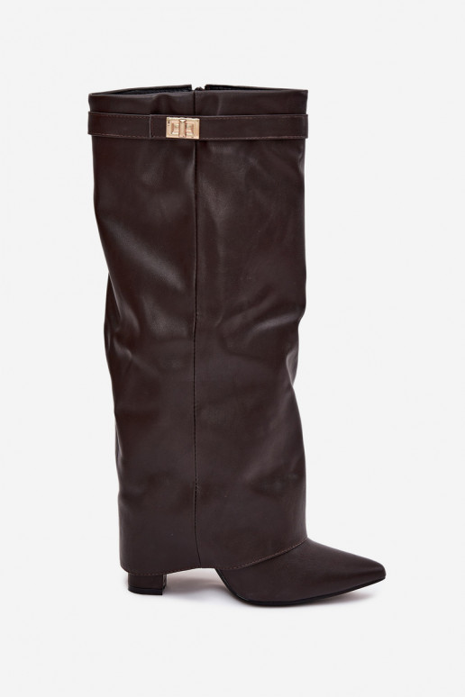 naiste pika säärega saapad kõrge jämeda kontsaga Z Wywiniętą Cholewką I Kuldset värvim Detalem Czekoladowe Diorna