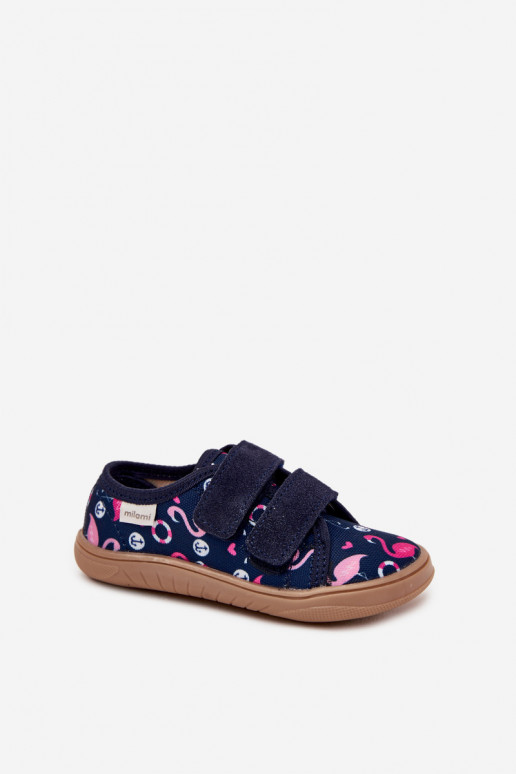 Lapsille tummansiniset "Barefoot" sandaalit flamingoilla Milami Saphira