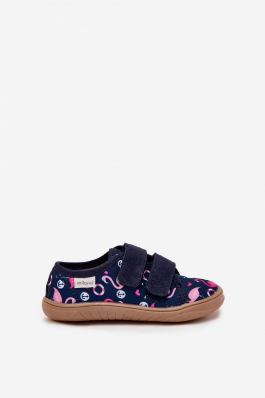 Lapsille tummansiniset "Barefoot" sandaalit flamingoilla Milami Saphira