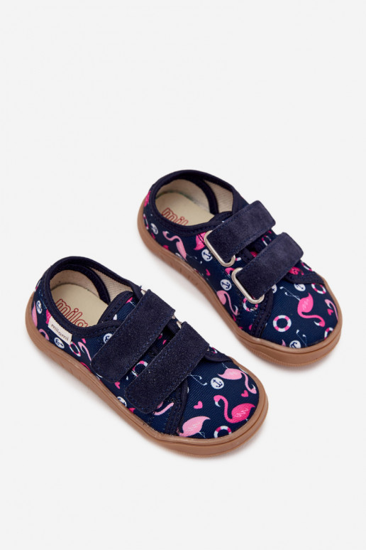 Lapsille tummansiniset "Barefoot" sandaalit flamingoilla Milami Saphira