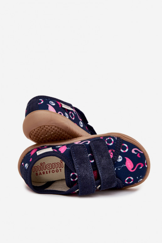Lapsille tummansiniset "Barefoot" sandaalit flamingoilla Milami Saphira