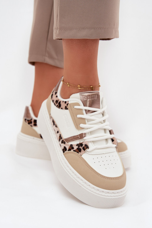 Naisten valged-kreemja värvi sneakers stiilis kingad platvormiga Big Star SS274357 leopardimustriga