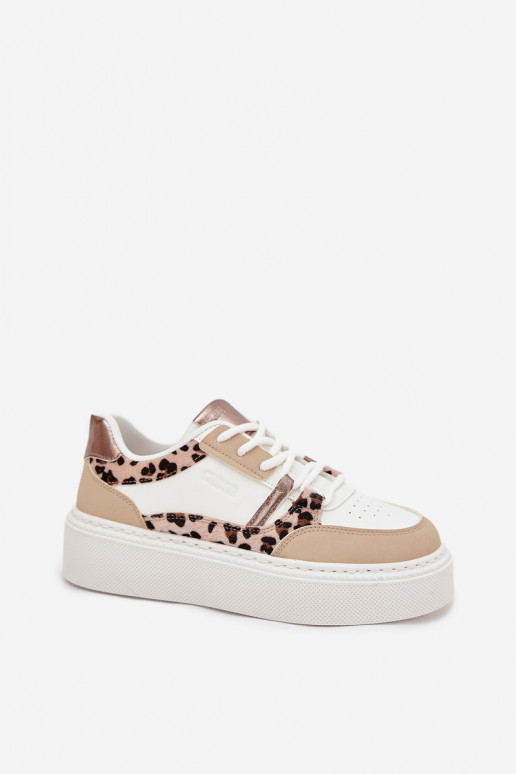 Naisten valged-kreemja värvi sneakers stiilis kingad platvormiga Big Star SS274357 leopardimustriga