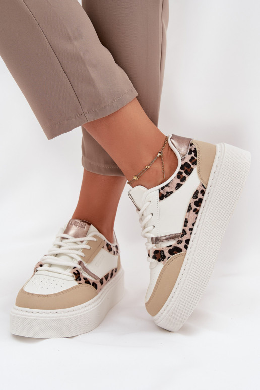 Naisten valged-kreemja värvi sneakers stiilis kingad platvormiga Big Star SS274357 leopardimustriga