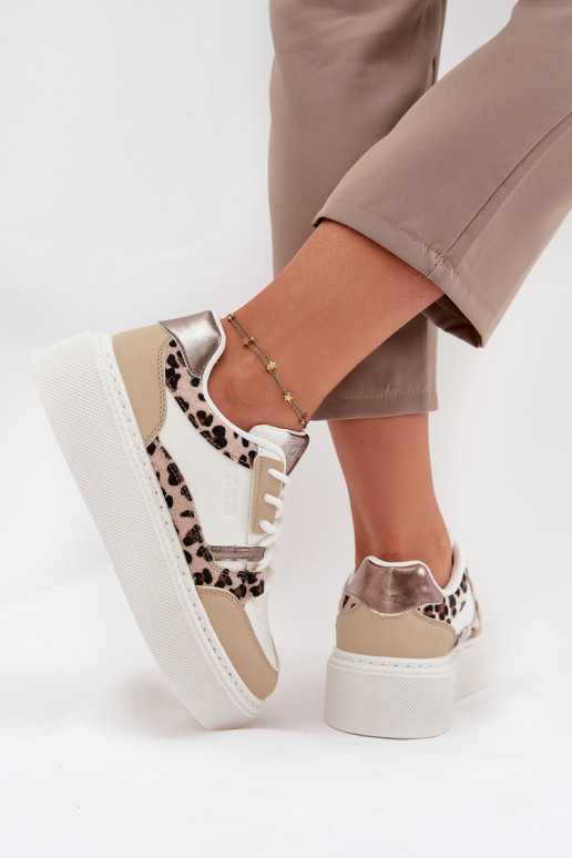 Naisten valged-kreemja värvi sneakers stiilis kingad platvormiga Big Star SS274357 leopardimustriga