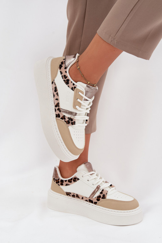 Naisten valged-kreemja värvi sneakers stiilis kingad platvormiga Big Star SS274357 leopardimustriga