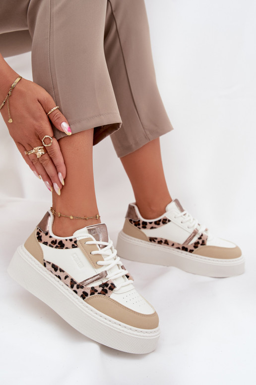 Naisten valged-kreemja värvi sneakers stiilis kingad platvormiga Big Star SS274357 leopardimustriga