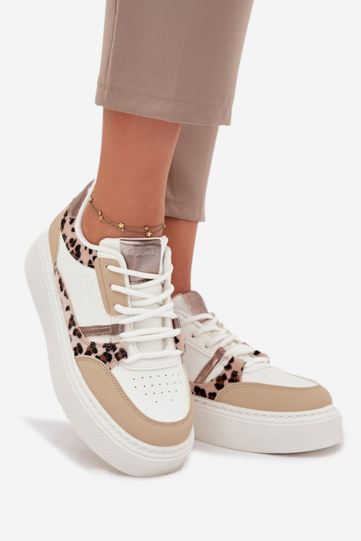 Naisten valged-kreemja värvi sneakers stiilis kingad platvormiga Big Star SS274357 leopardimustriga