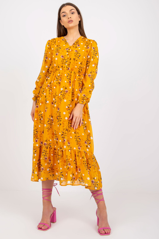 Tumekollane trükiste ja volangidega... Tumekollane trükiste ja volangidega...