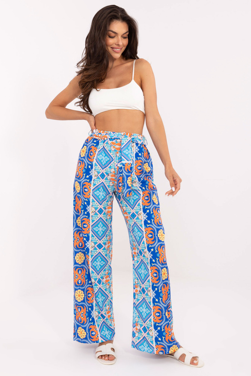 Sinised laiad kangamustriga püksid