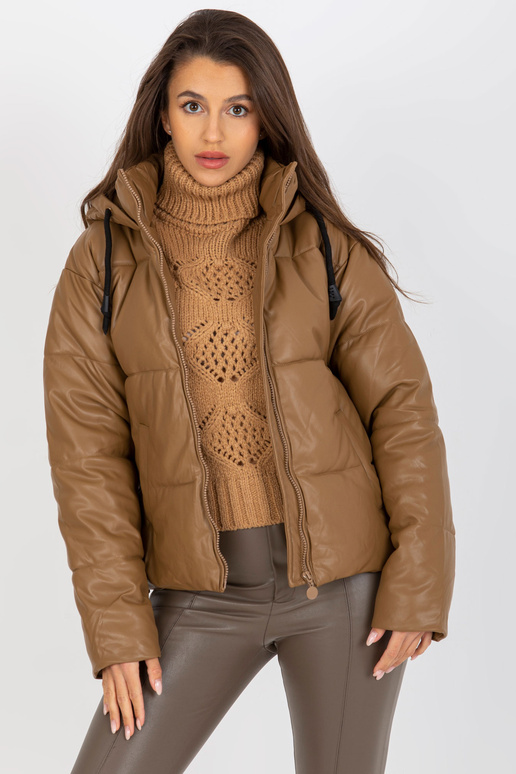 Camel-Daunenjacke aus Öko-Leder mit Kapuze