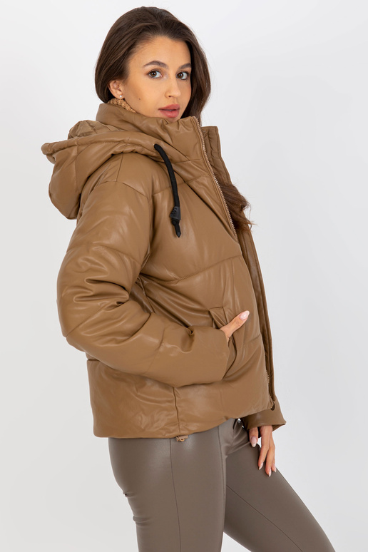 Camel-Daunenjacke aus Öko-Leder mit Kapuze
