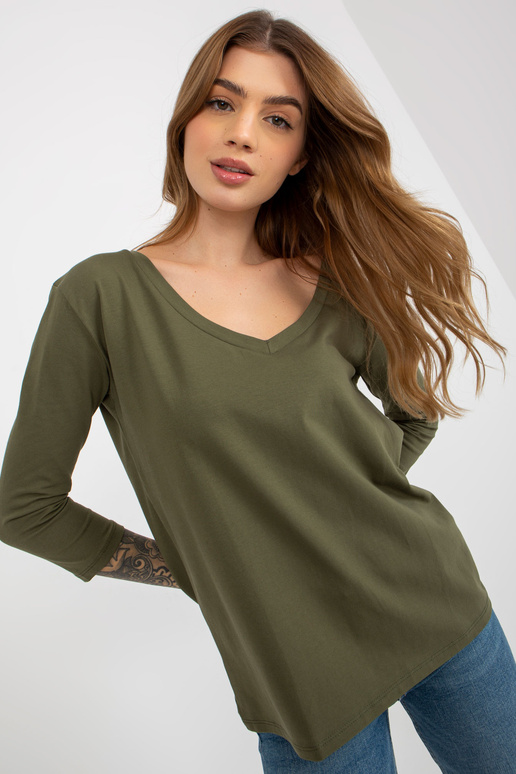 Khaki puuvillane põhiline V-kaelusega...