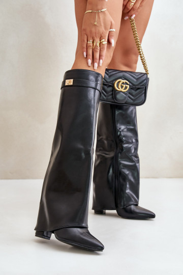 naiste pika säärega saapad Eko   Z Wywiniętą Cholewką kõrge jämeda kontsaga Must Avamora 2