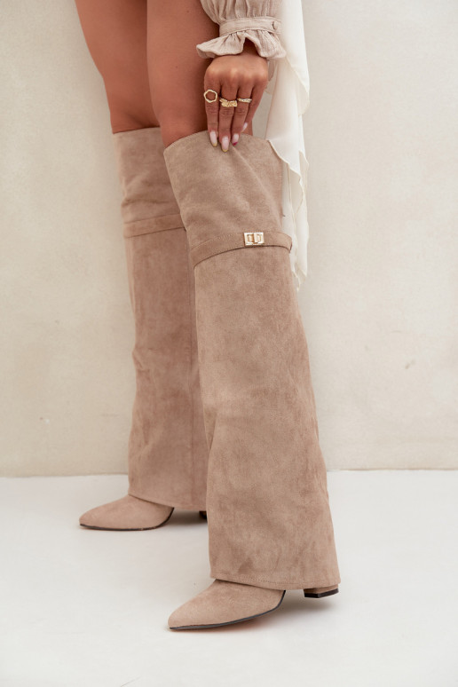 voodriga pika säärega saapad Z Wywiniętą Cholewką  Obcas Słupek beeži värvi Serelle