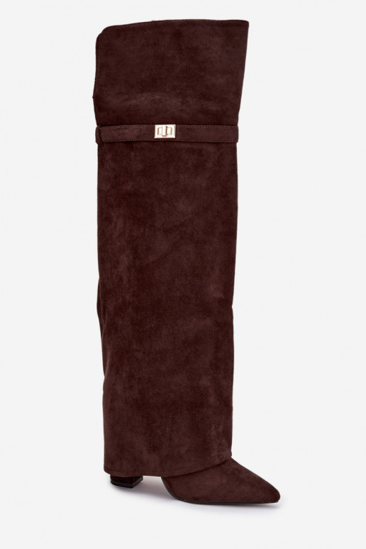 voodriga pika säärega saapad Z Wywiniętą Cholewką  Obcas Słupek Czekoladowe Serelle