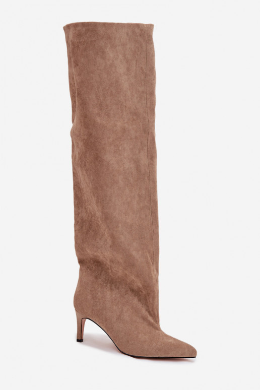 naiste pika säärega saapad kõrge jämeda kontsaga  beeži värvi Mavilla