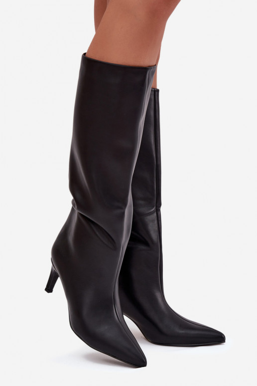 naiste pika säärega saapad  voodriga kõrge jämeda kontsaga Must Olivienne