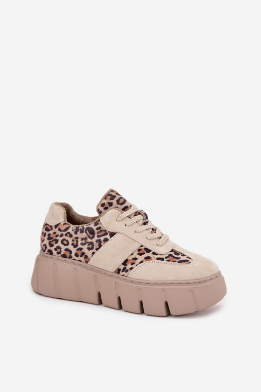 Beige soe sametised naiste spordijalatsid platvormiga ja leopardimustriga detailidega Vinceza 66841