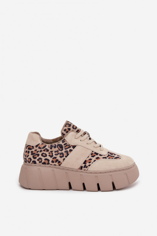 Beige soe sametised naiste spordijalatsid platvormiga ja leopardimustriga detailidega Vinceza 66841