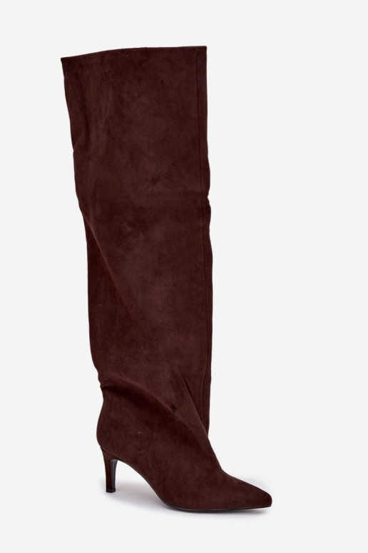 naiste pika säärega saapad kõrge jämeda kontsaga  Czekoladowe Mavilla