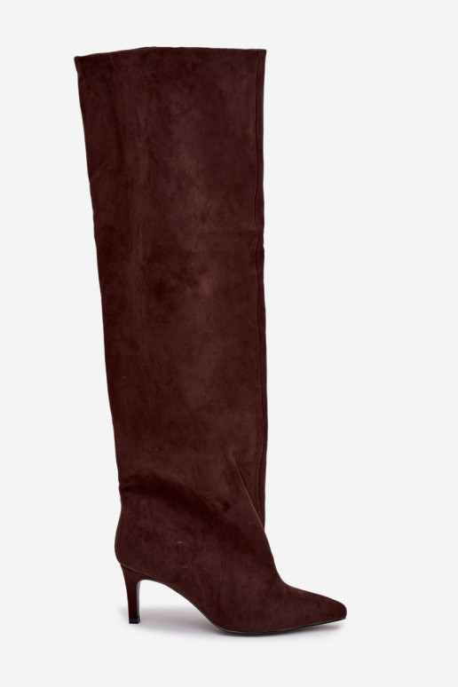 naiste pika säärega saapad kõrge jämeda kontsaga  Czekoladowe Mavilla