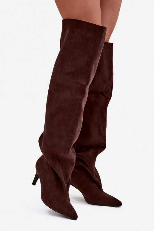 naiste pika säärega saapad kõrge jämeda kontsaga  Czekoladowe Mavilla