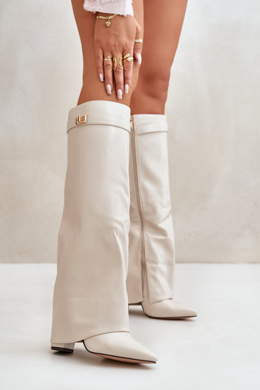 naiste pika säärega saapad Eko   Z Wywiniętą Cholewką kõrge jämeda kontsaga Elevandiluu värvi Avamora