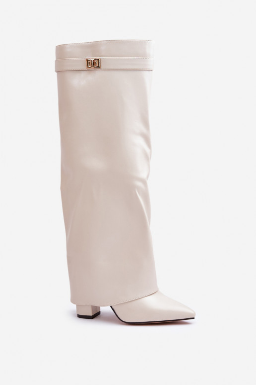 naiste pika säärega saapad Eko   Z Wywiniętą Cholewką kõrge jämeda kontsaga Elevandiluu värvi Avamora