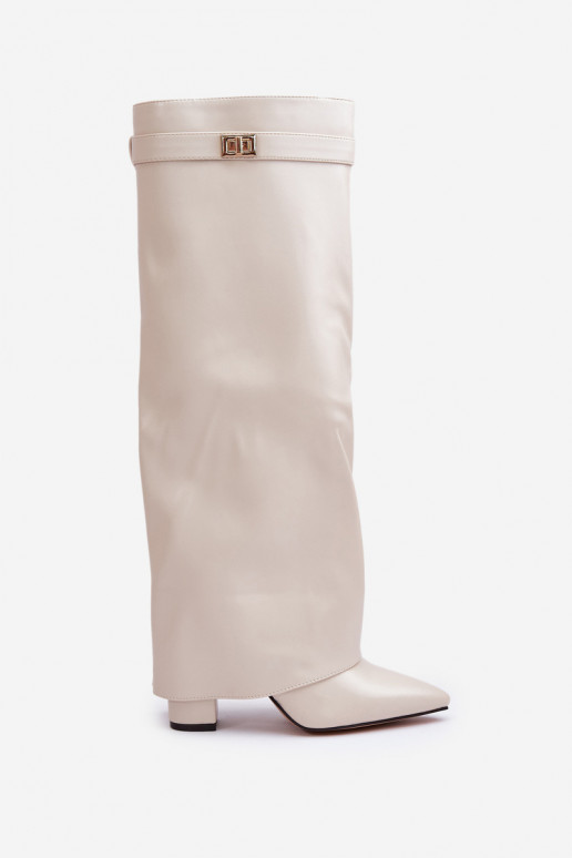 naiste pika säärega saapad Eko   Z Wywiniętą Cholewką kõrge jämeda kontsaga Elevandiluu värvi Avamora