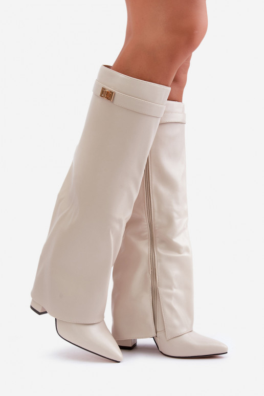 naiste pika säärega saapad Eko   Z Wywiniętą Cholewką kõrge jämeda kontsaga Elevandiluu värvi Avamora