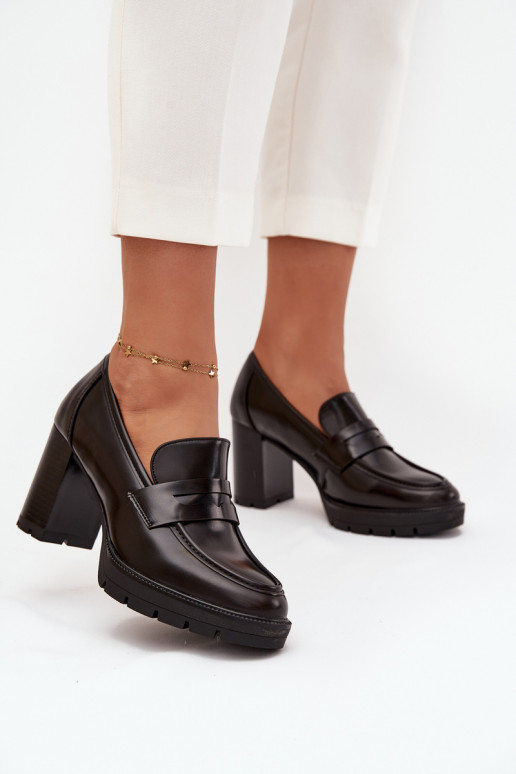 jalatsid  kõrge jämeda kontsaga eko-nahast Czekoladowe Ilyssia